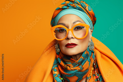 a woman wearing glasses and a turban is posing on a colorful background