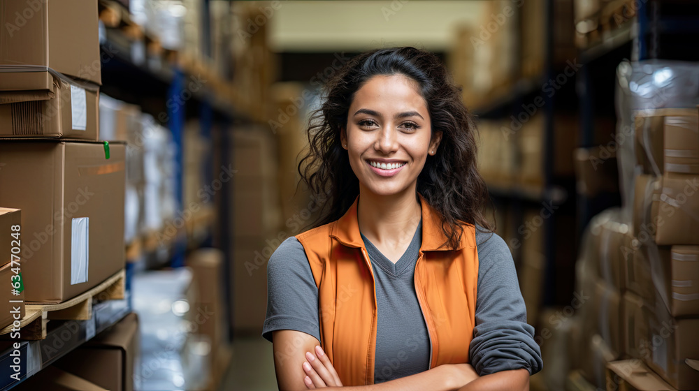 Latina woman warehouse worker in a warehouse, smiling, logistics and storage distribution concept, job, female