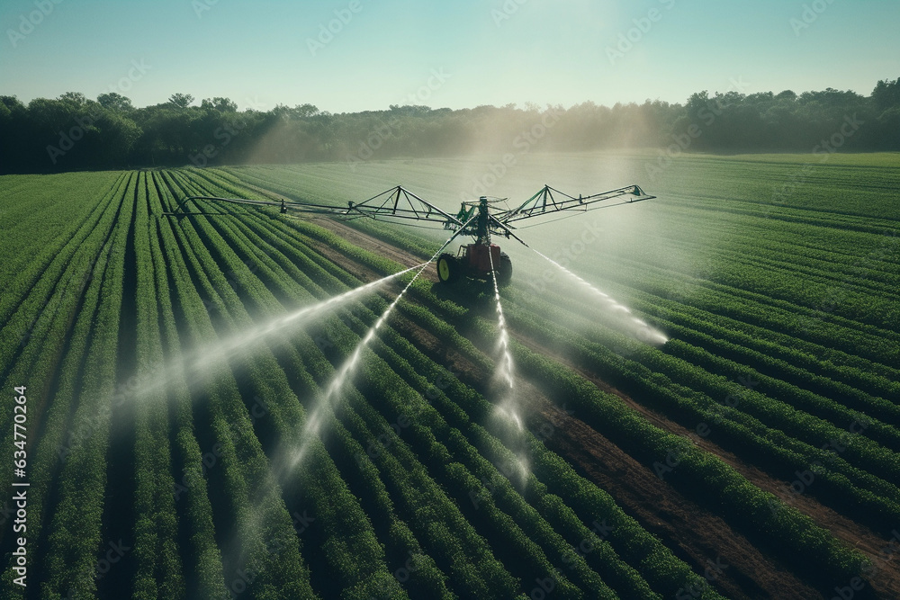 Person using drone irrigation to water the field. Modern watering concept - obrazy, fototapety, plakaty 