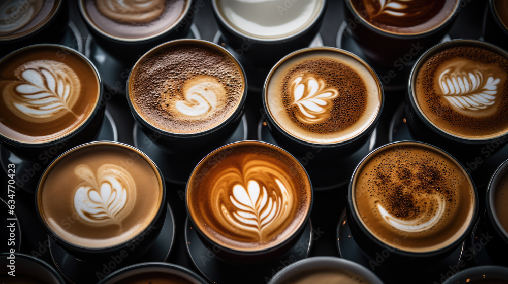 Set of cups of different coffee isolated on white background, top view. Created with Generative AI technology. Set of cups of different coffee isolated on white background, top view. Created with Generative AI technology.