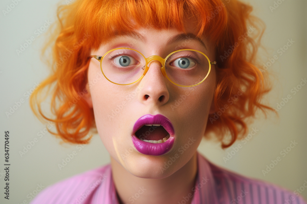 Fashion woman with colorful hair showing excited expression is posing on a background Fashion woman with colorful hair showing excited expression is posing on a background