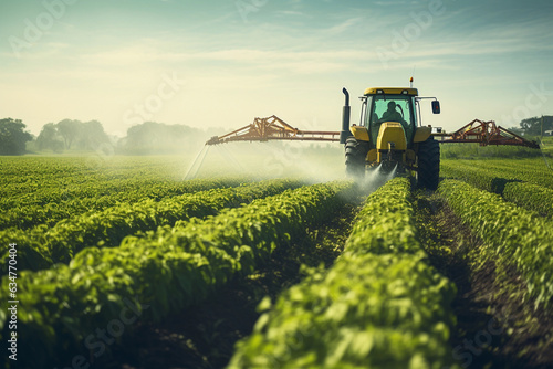 Tractor spraying pesticides fertilizer on crops farm field photo