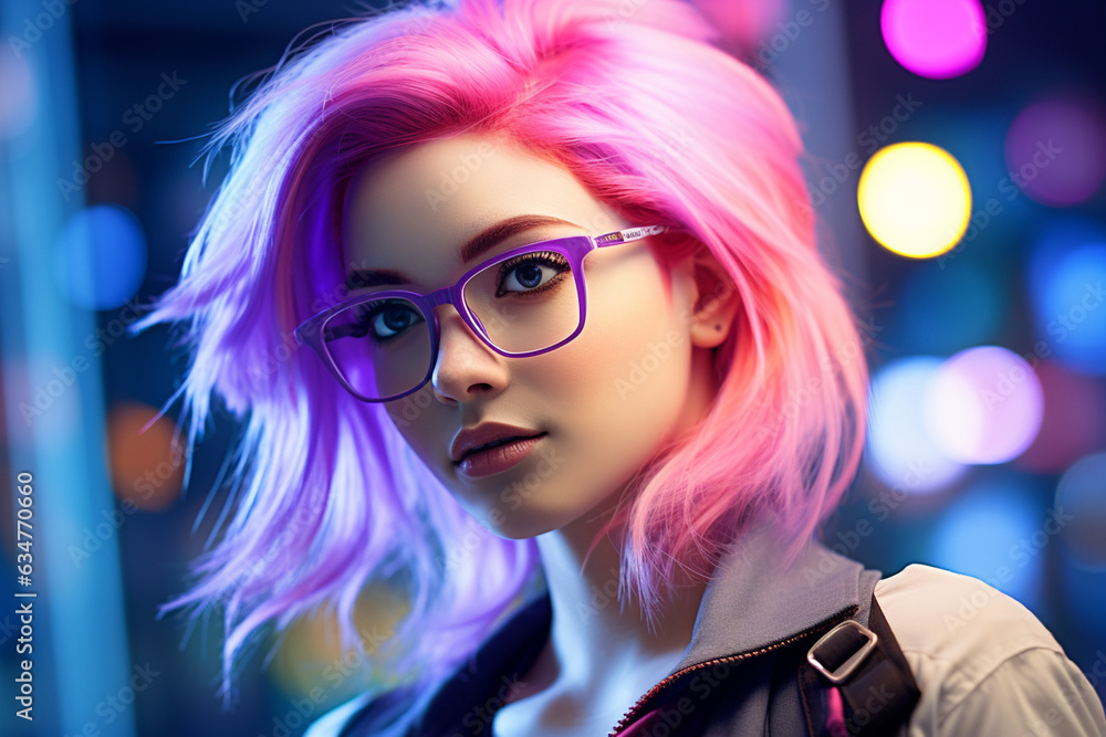Fashion girl with pink hair and sunglasses at night in the middle of the city lights Fashion girl with pink hair and sunglasses at night in the middle of the city lights
