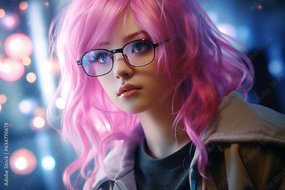 Fashion girl with pink hair and sunglasses at night in the middle of the city lights Fashion girl with pink hair and sunglasses at night in the middle of the city lights