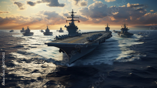 Aircraft Carrier Amidst Naval Fleet in the Pacific. Generative AI