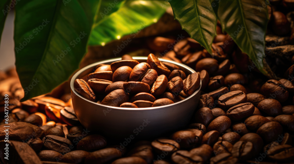 Fototapeta premium Brown roasted coffee with green leaves. Created with Generative AI technology.