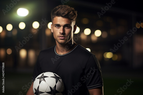 Soccer player holding ball on soccer field during night time