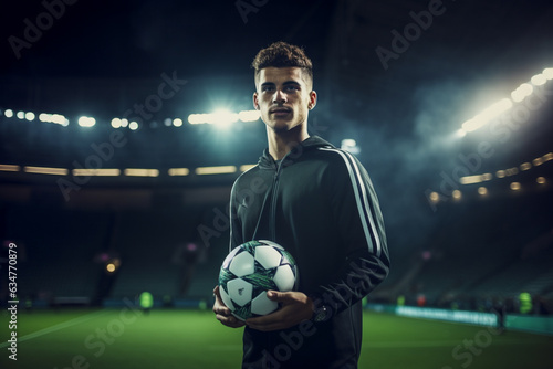 Soccer player holding ball on soccer field during night time © toonsteb
