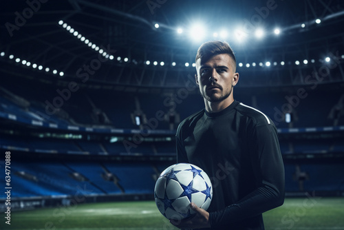 Soccer player holding ball on soccer field during night time © toonsteb