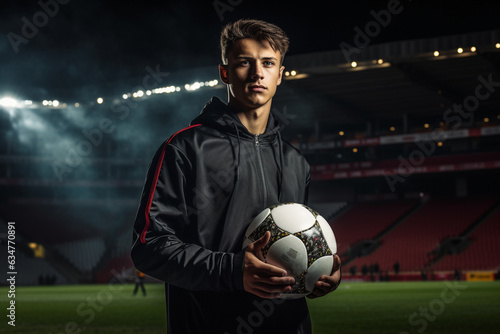 Soccer player holding ball on soccer field during night time