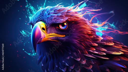 illustration close up eagle head eyes in colorful neon light, Generative Ai