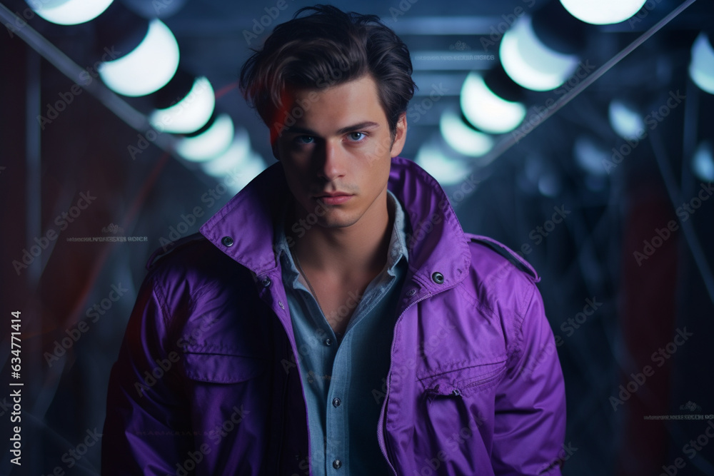 fashion young man in a jacket leaning against a background