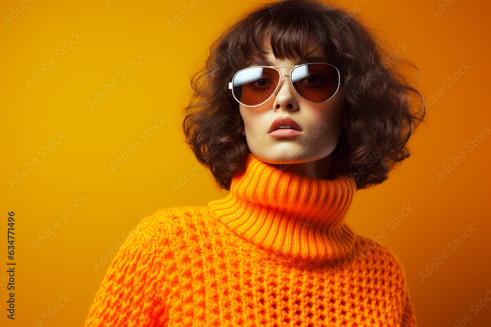 fashion young woman in a orange turtleneck sweaters leaning against a background fashion young woman in a orange turtleneck sweaters leaning against a background