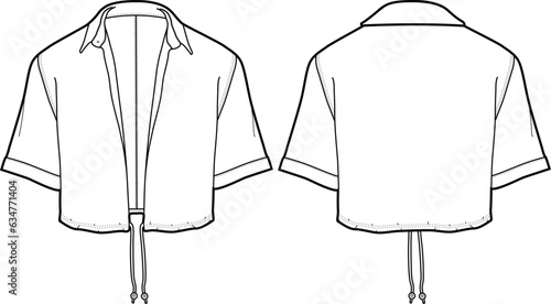 Women's Cropped Shirt Blouse  with ties flat sketch fashion illustration, Short sleeve shirt for girls and ladies template mock up