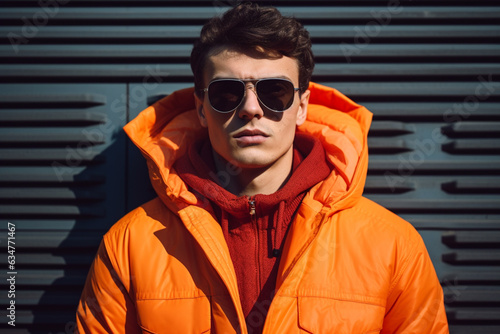 fashion young man in a orange jacket leaning against a background