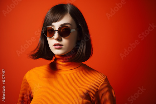 fashion young woman in a orange turtleneck sweaters leaning against a background