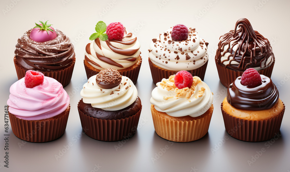 Set of realistic 3d cupcakes, isolated on white background.