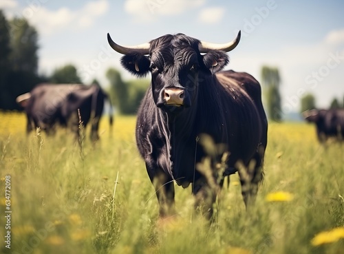 big bull on a green field