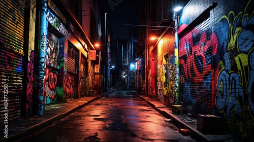 mokra ulica miasta po deszczu w nocy z kolorowym światłem i ścianą graffiti Generative Ai