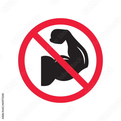 Forbidden muscle vector icon. Warning, caution, attention, restriction, label, ban, danger. No bodybuilder flat sign design pictogram symbol. No biceps icon