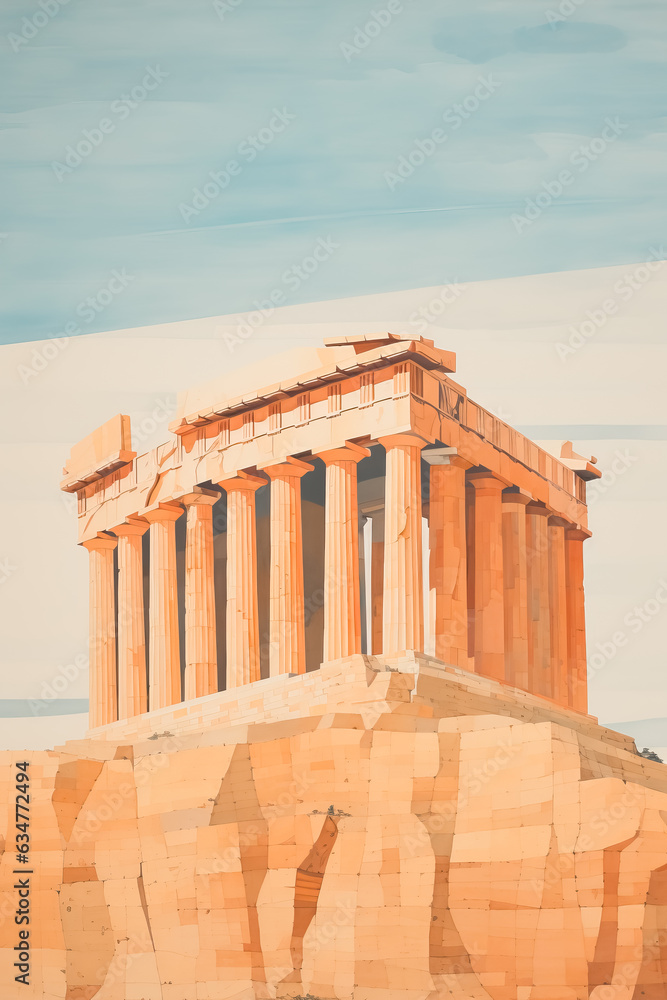 Fototapeta premium view of Acropolis of Athens cartoon style flat design, minimalist illustration