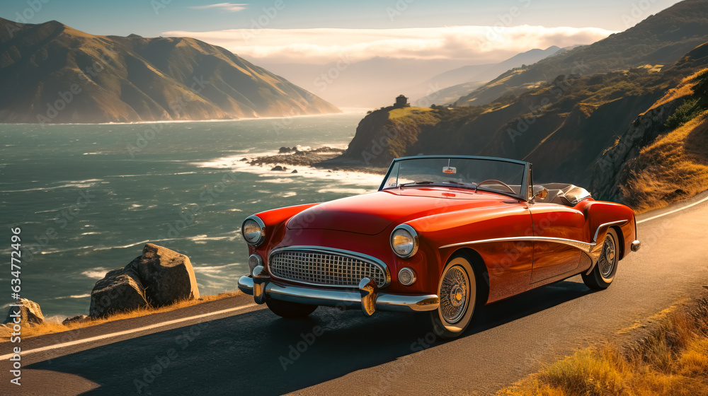 Brightly painted classic vintage car drives along a coastal road - obrazy, fototapety, plakaty 