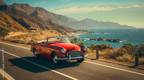 Brightly painted classic vintage car drives along a coastal road photo