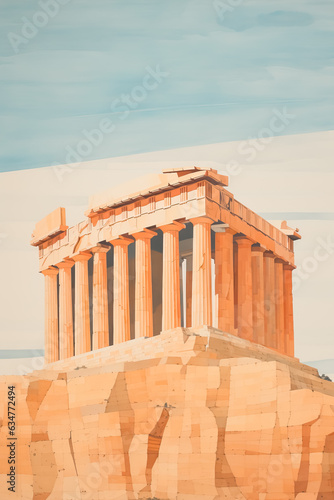 view of Acropolis of Athens cartoon style flat design, minimalist illustration