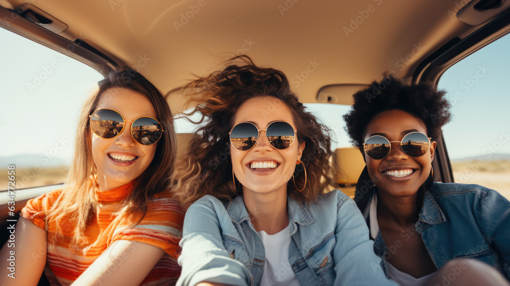 Three female friends enjoying traveling in the car. Sitting in rear seat and and making selfie. Created with Generative AI technology. Three female friends enjoying traveling in the car. Sitting in rear seat and and making selfie. Created with Generative AI technology.