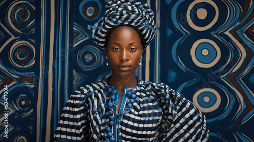 Female from the Hausa culture in Africa, wearing in long dress "indigo", against the backdrop of the compounds house.