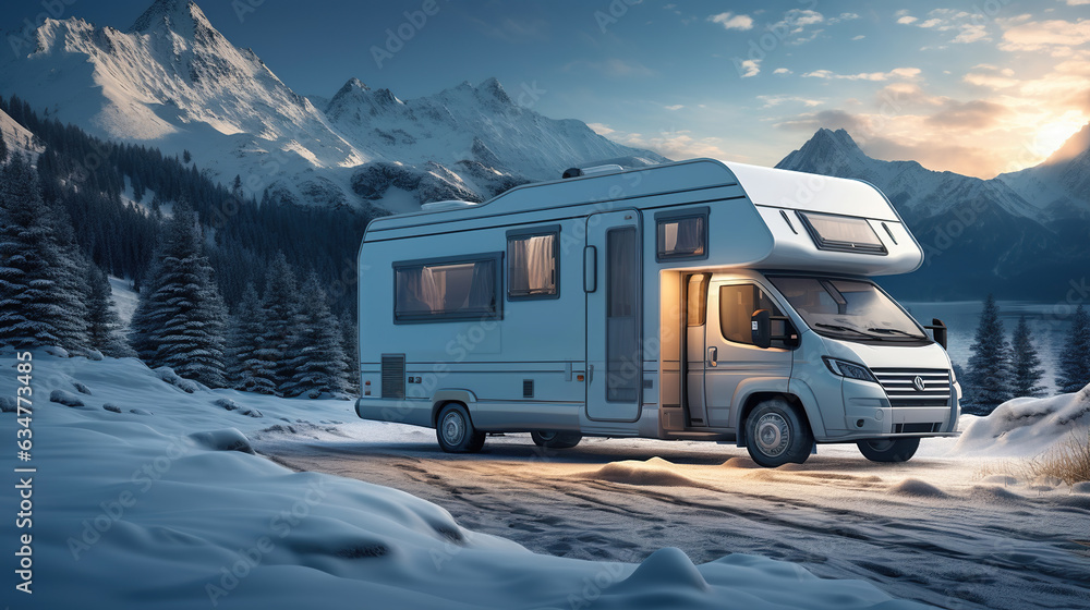 Experience the Magic of Winter Holidays in Mountains with a Camper. Generative AI
