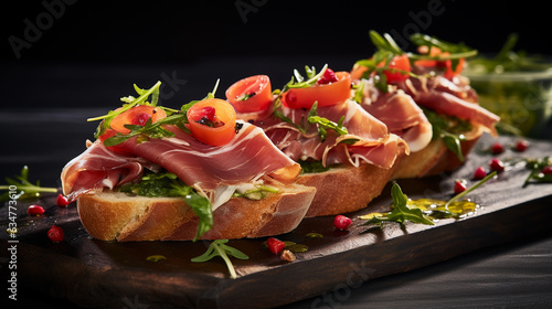 Italian tomato, prosciutto, jamon, ham and cheese bruschetta. Tapas, antipasti with chopped vegetables, herbs and oil on grilled ciabatta and baguette bread.