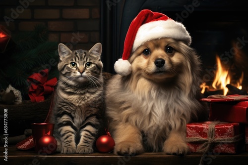 cat and dog wearing adorable Santa Claus outfits while sitting side by side next to a festively adorned fireplace  © PinkiePie