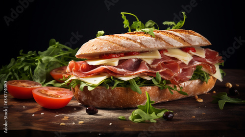 Submarine sandwich with ham or jamon, cheese, lettuce, tomatoes, onion, mortadella and sausage on wooden table