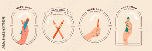 Vape logo colorful illustrations, Hand holding vape. Electronic cigarettes and vape concept. Modern vector illustrations. Design of vape pens and pod mods. Flat vector design for web.