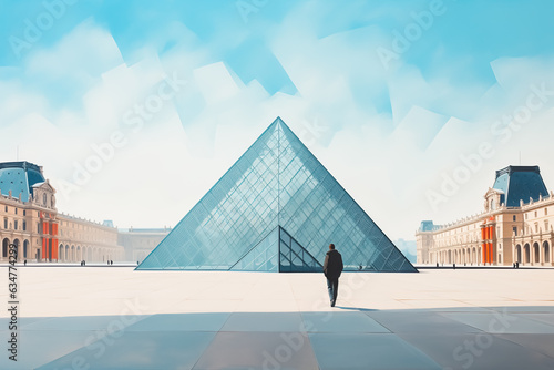 view of Louvre, France. Cartoon style flat design, minimalist illustration
