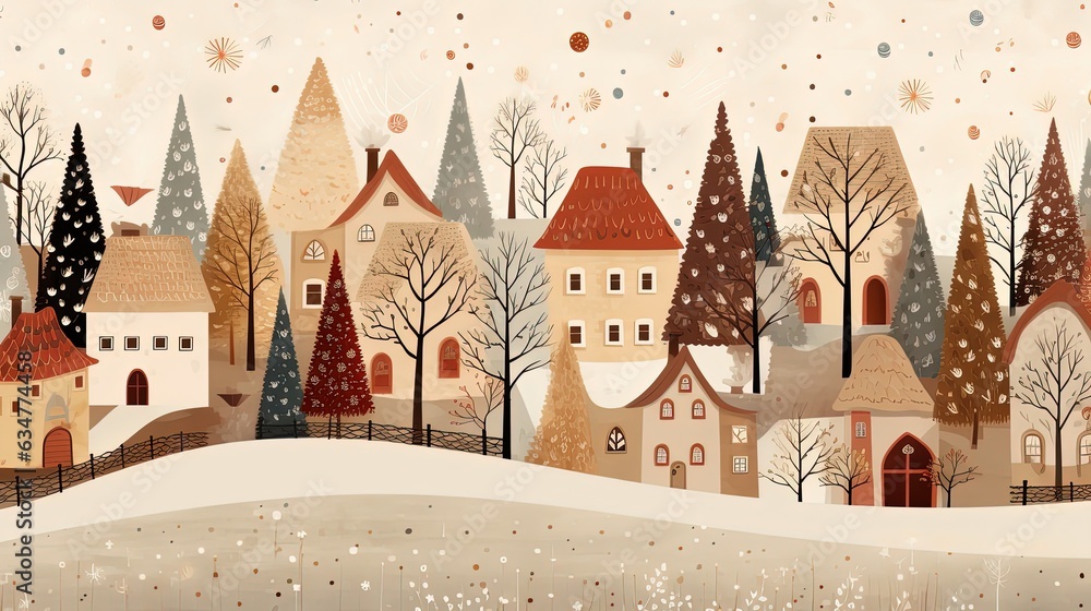 cute childhood style illustration of winter town cityscape, generative Ai