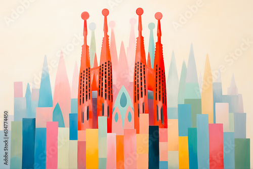 view of Sagrada familia of Barcelona. Cartoon style flat design, minimalist illustration