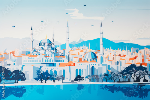 view of Historic Sultanahmet Mosque. Cartoon style flat design  minimalist illustration