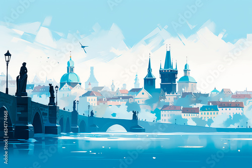 Print op canvas view of old city of of Prague Czech Republic Charles Bridge