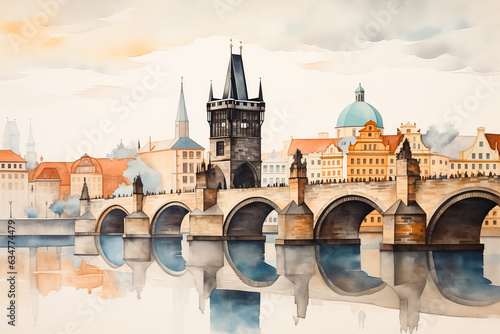 Print op canvas view of old city of of Prague Czech Republic Charles Bridge