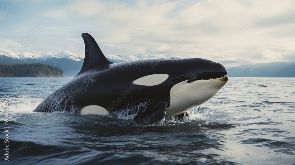 Naklejka premium close up orca swimming to water surface, Generative 