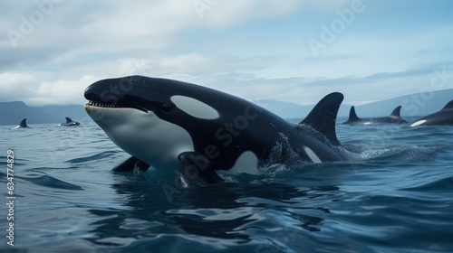 close up orca swimming to water surface, Generative 