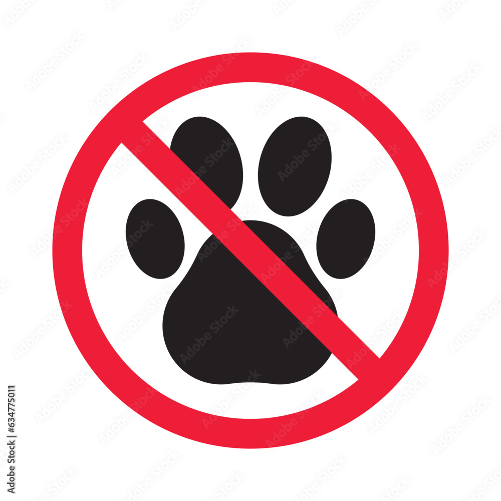 Forbidden pet vector icon. Warning, caution, attention, restriction, label, ban, danger. No pet paw flat sign design pictogram symbol. No animal icon Forbidden pet vector icon. Warning, caution, attention, restriction, label, ban, danger. No pet paw flat sign design pictogram symbol. No animal icon