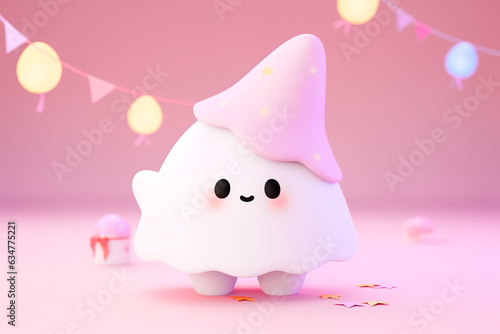 White ghost wearing on fly agaric hat on a pastel background. Halloween concept.