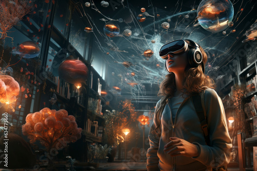 Girl immersed in surreal VR world