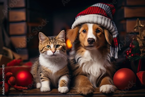 cat and dog wearing adorable Santa Claus outfits while sitting side by side next to a festively adorned fireplace 