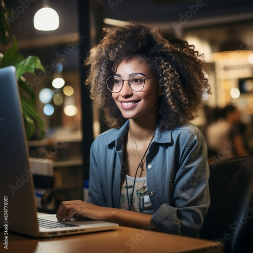 Dark-skinned woman with afro hair sitting in front of a computer