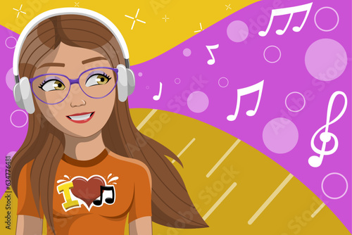 Vector de mujer adolescente, mujer escuchando música, vector musical, ilustración adolescente escuchando música, vector de dibujo animado