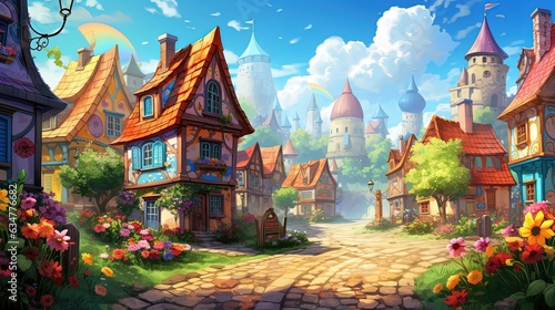 illustration of cute village with flower blossom, Generative Ai © QuietWord